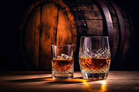 Whiskey drinks. You need to drink whiskey with ice then the whiskey tastes better of an oak barrel. Alcoholic drink with ice whiskey or cognac close-up on the background of an oak barrel for agingの素材