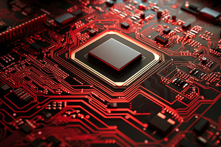 A powerful computer processor or chip on a motherboard. modern technologies. red backgroundの素材