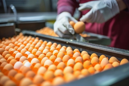 A man in a dressing gown and gloves sorts chicken eggs. Chicken eggs move along the conveyor at the poultry farm. The concept of the food industry, the production of chicken eggsの素材
