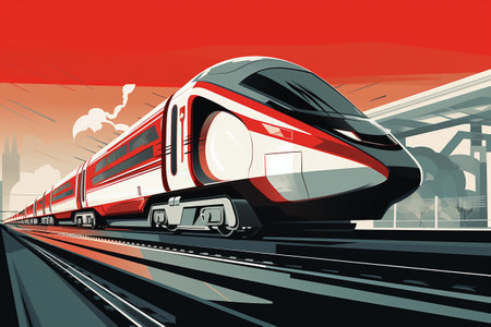 A modern high-speed train moves along the railway tracks against the backdrop of a field at sunset. high speed rail transportの素材