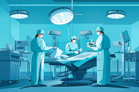 Illustration of doctors surgeons performing preparation for surgery in a modern operating room. The team prepares instruments and equipment for the operationの素材
