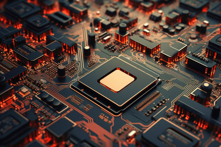 A powerful computer processor or chip on a motherboard. modern technologies. red backgroundの素材