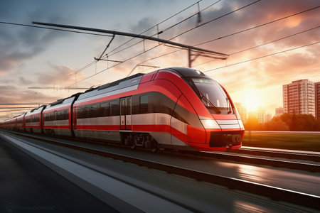 A red and white train traveling down train tracks. high-speed suburban train at sunsetの素材