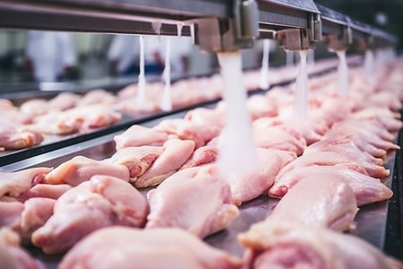 Poultry farm for the production of chicken meat. Industrial production and packaging of chicken meat. Chicken fillet and tenderloin on a conveyor in the workshop. modern food industryの素材