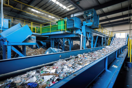 Waste sorting plant. Many different conveyors and bins. conveyors filled with various household waste. Waste disposal and recycling. Waste processing plantの素材
