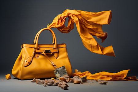 Women's bag and neckerchief in the air. Fashionable women's things and accessories. Stylish yellow women's bag and yellow scarfの素材