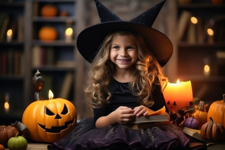 Happy cheerful little girl dressed as a witch or an evil sorceress in makeup is having fun at the Halloween celebration. Festive costume. Jack lanternの素材