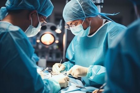 Photo of surgeons performing a complex surgery in a modern operating room. A group of surgeons performing surgery on a patientの素材