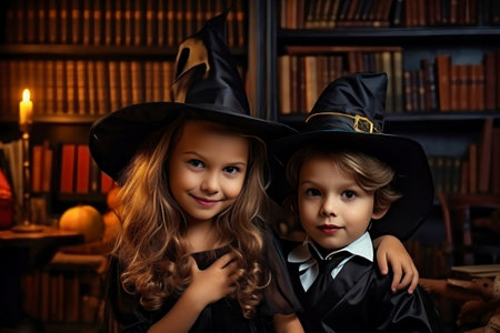 Two young children dressed up in witches costumes. Joyful smiles of children on the eve of the holiday. Festive costume. Jack Lantern.の素材