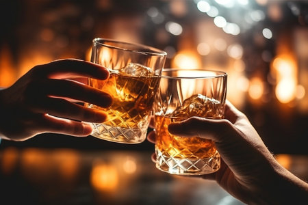 Two hands clink glasses of whiskey wiskey on the couch, cozy. Bar drinking menuの素材