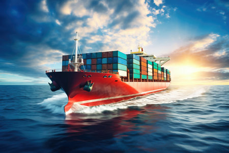 Global business logistics of import-export cargo. Cargo ship with sea containers on board in the port. Transportation of goods across the ocean. Ship with containers in the oceanの素材
