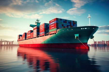 Global business logistics import-export cargo. Cargo ship with sea containers on board in the port. Transportation of goods across the ocean. A powerful cargo ship enters the port for unloadingの素材