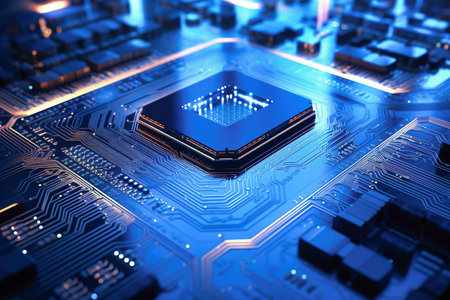 A powerful computer processor or chip on a motherboard. modern technologies. blue backgroundの素材