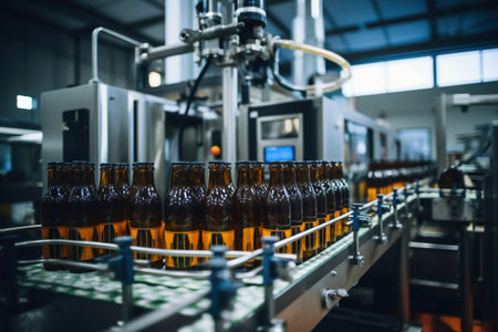 Factory for the production of beer. Brewery conveyor with glass beer drink alcohol bottles, modern production line. Blurred background. Modern production for bottling drinks. selective focusの素材