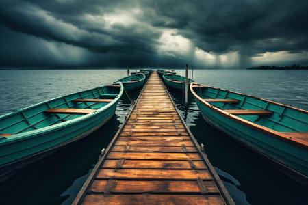 View of the marine wooden pier with boats parked on the shore of the pier against the background of the water at sunset. wooden fishing boatsの素材
