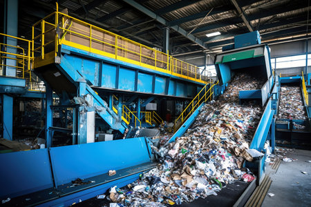 Waste sorting plant. Many different conveyors and bins. conveyors filled with various household waste. Waste disposal and recycling. Waste processing plantの素材