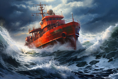 A cargo or fishing ship is caught in a severe storm. Ship at sea on big waves. The threat of shipwreck. element in the ocean. The hard work of a sailorの素材