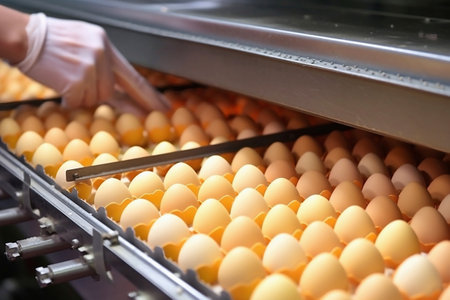 A man in a dressing gown and gloves sorts chicken eggs. Chicken eggs move along the conveyor at the poultry farm. The concept of the food industry, the production of chicken eggsの素材