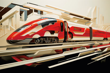 A modern high-speed train moves along the railway tracks against the backdrop of a field at sunset. high speed rail transportの素材