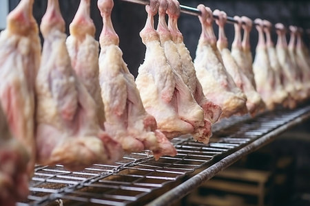 Poultry farm production of chicken meat. Industrial production and packaging of chicken meat. Chicken carcases and tenderloin. modern food industryの素材