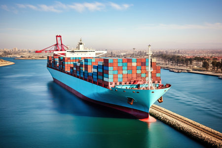 Global business logistics import-export cargo. Cargo ship with sea containers on board in the port. Transportation of goods across the ocean. A powerful cargo ship enters the port for unloadingの素材