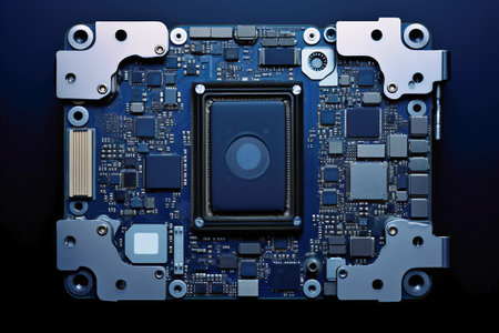 A powerful computer processor or chip on a motherboard. modern technologies. blue backgroundの素材