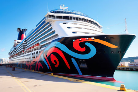 A huge cruise line travels across the sea. Sea travel vacation. Seascape overlooking a cruise liner. Passenger liner enters the port. Tourist travel in the oceanの素材