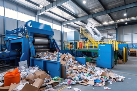 Waste sorting plant. Many different conveyors and bins. conveyors filled with various household waste. Waste disposal and recycling. Waste processing plantの素材