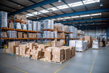 A huge warehouse filled with neatly stacked boxes. Interior of a modern warehouse. Large space for storing and moving goods. logistics. Trade in the modern worldの素材