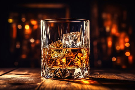 Whiskey in glass with cubes of ice on dark wooden rustic background, close upの素材