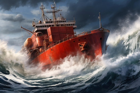 A cargo or fishing ship is caught in a severe storm. Ship at sea on big waves. The threat of shipwreck. element in the ocean. The hard work of a sailorの素材