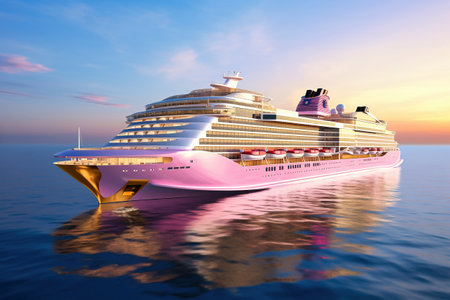 A huge cruise line travels across the sea. sea travel vacation. Seascape overlooking a cruise liner. Passenger liner on the high seas. Tourist travel in the oceanの素材