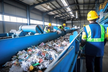 Waste sorting plant. Many different conveyors and bunkers. Workers sort the garbage on the conveyor. Waste disposal and recycling. Waste recycling plantの素材