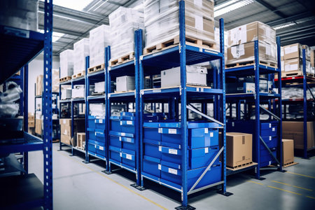A large warehouse filled with neatly stacked plastic containers and boxes. Large space for storing and moving goods. logistics. Trade in the modern worldの素材