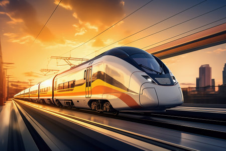 A modern high-speed train moves along the railway tracks in the evening against the backdrop of sunset. high-speed passenger rail transportの素材