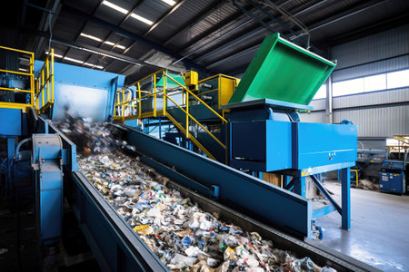 Waste sorting plant. Many different conveyors and bins. conveyors filled with various household waste. Waste disposal and recycling. Waste processing plantの素材