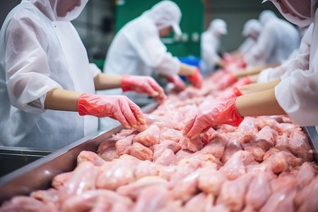 Poultry farm for the production of chicken meat. Industrial production and packaging of chicken meat. People process and sort chicken meat on a conveyor. modern food industryの素材