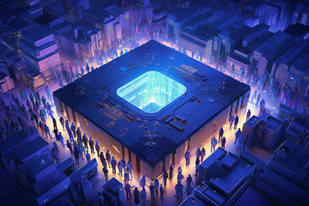A powerful computer processor or chip on a motherboard. modern technologies. blue backgroundの素材
