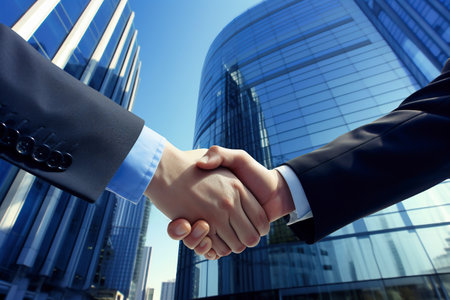 Businessmen shaking hands on abstract city background. teamwork concept. Closing a business deal. Confirmation of the contract with a handshakeの素材