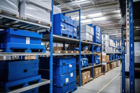 A large warehouse filled with neatly stacked plastic containers and boxes. Large space for storing and moving goods. logistics. Trade in the modern worldの素材