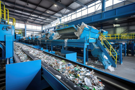 Waste sorting plant. Many different conveyors and bins. conveyors filled with various household waste. Waste disposal and recycling. Waste processing plantの素材