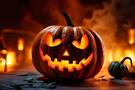 Halloween pumpkin head jack lantern on wooden backgroundの素材