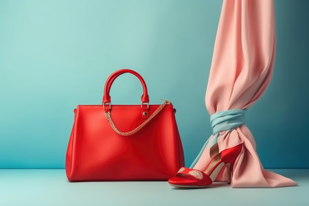 Women's bag, shoes and neckerchief. Fashionable women's things and accessories. Stylish red women's bag and shoes. Elegant women's clothesの素材