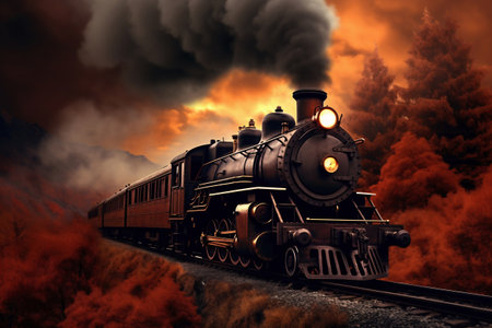 A painting of a train on a train track. The steam locomotive moves at sunset in the red rays of the sun along the railroad tracks. Puffs of smoke from the chimney of a retro trainの素材