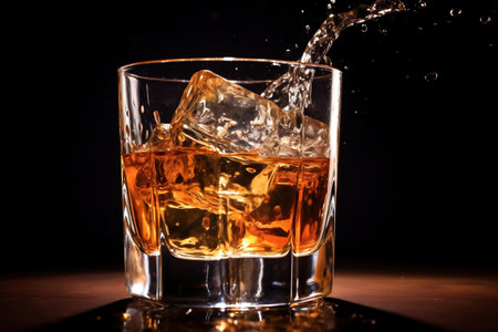 Glass of whiskey with ice splashes. Black background. Splashes and drops of whiskey fly from the glass in different directionsの素材