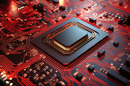 A powerful computer processor or chip on a motherboard. modern technologies. red backgroundの素材