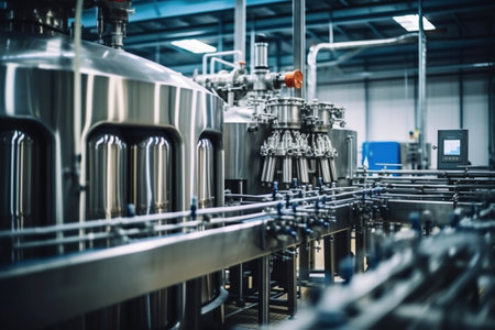 Fermentation mash vats or boiler tanks in a brewery factory. Brewery plant interior. Factory for the production of beer. Modern production of draft drinks. selective focusの素材