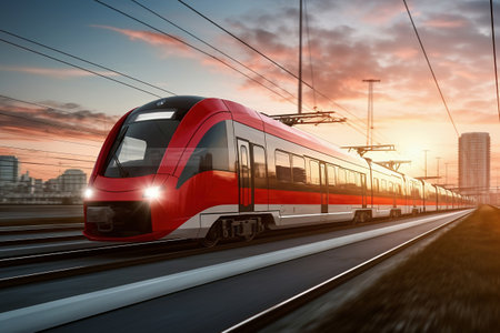 A red and white train traveling down train tracks. high-speed suburban train at sunsetの素材