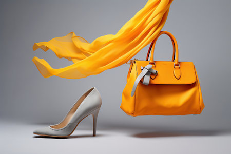 Women's bag shoes and neckerchief in the air. Fashionable women's things and accessories. Stylish yellow women's bag and shoesの素材