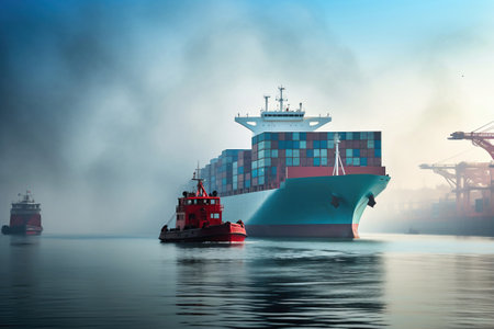 Global business logistics import-export cargo. Cargo ship with sea containers on board in the port. Transportation of goods across the ocean. Sea container ship is escorted by tugs to the portの素材